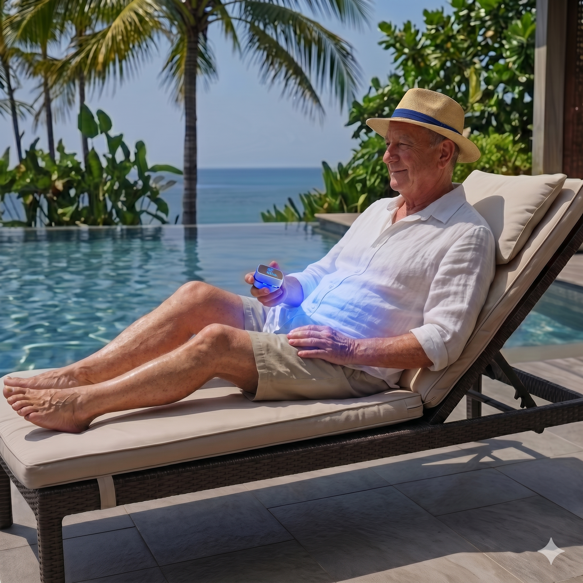 Hombre usando Laser Nail Fungus junto a una piscina